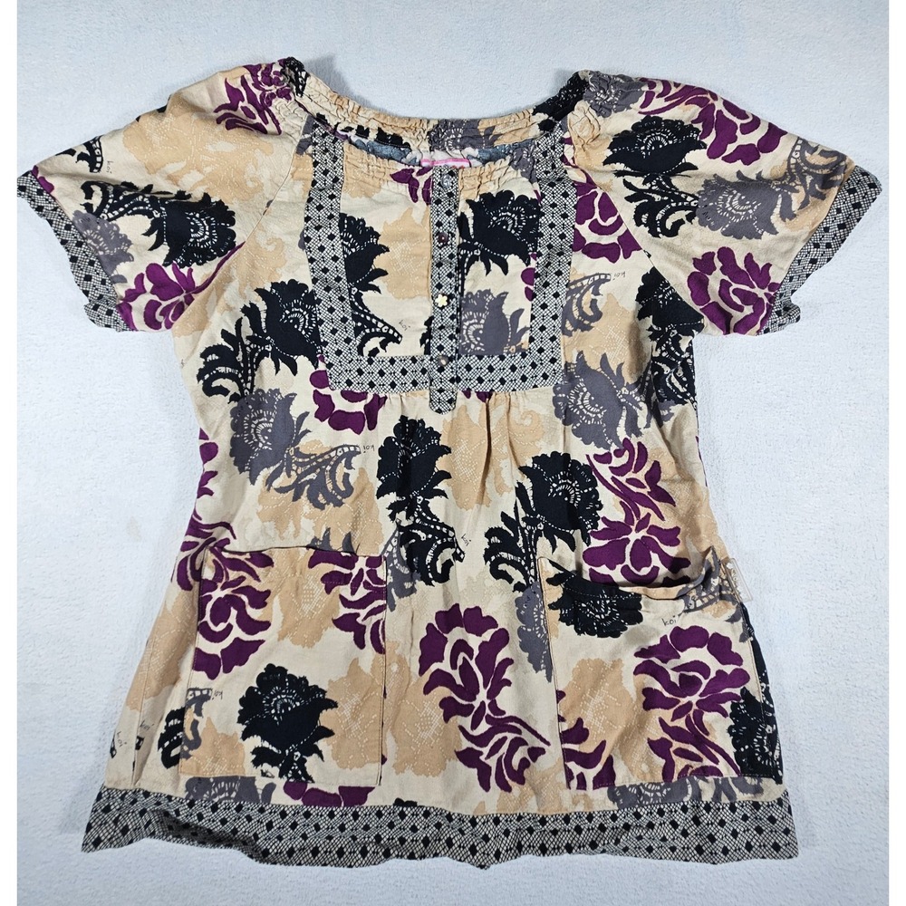Koi by Kathy Peterson Floral Scrub Top Large Purple Black Tan Cotton 149PR